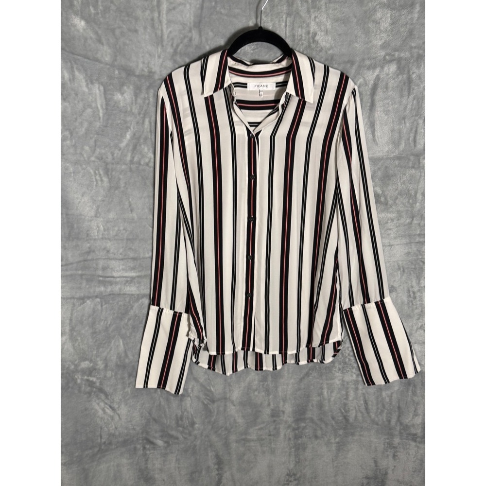 FRAME Noir Multi Striped Silk Blouse LWSH1092 Black White Red M